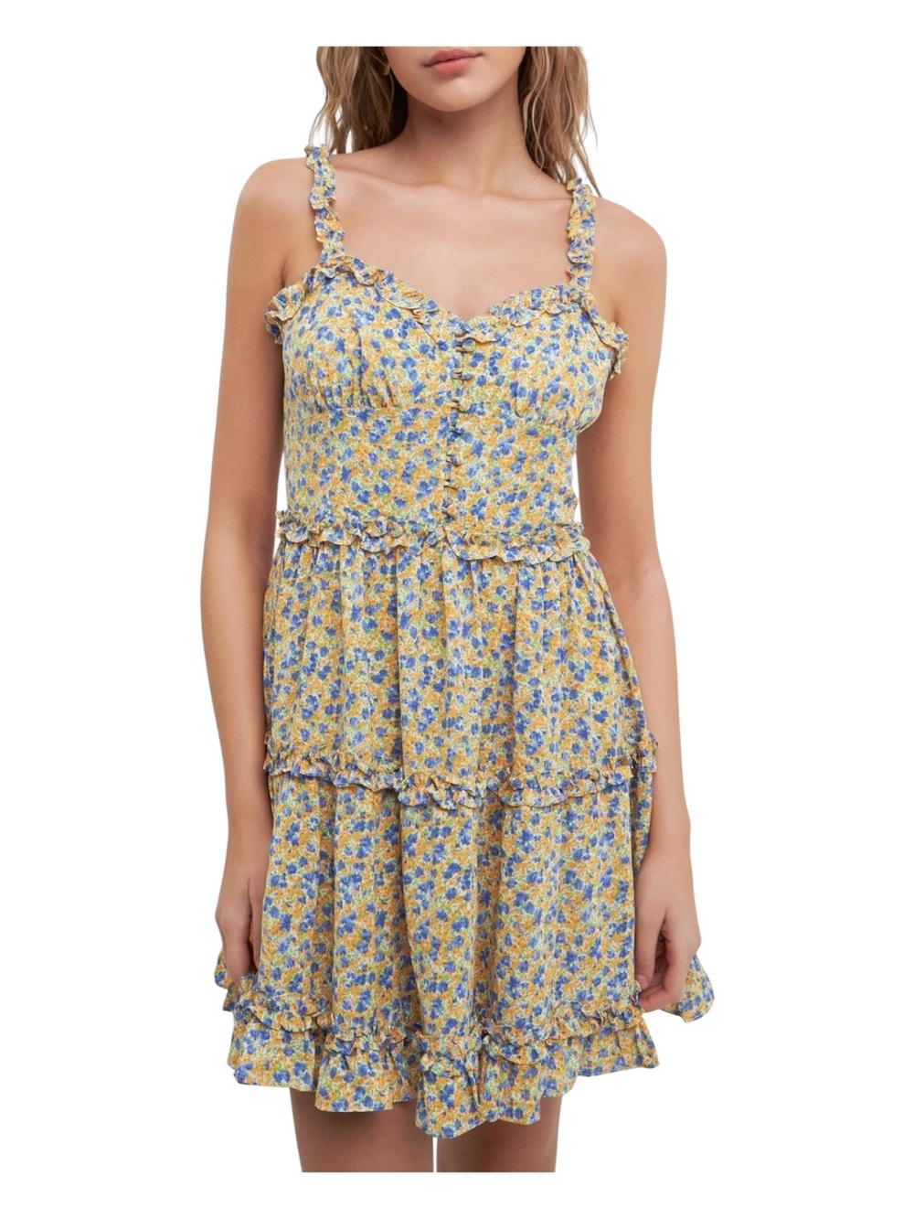 FREE THE ROSES Yellow Floral Ruffled Mini Dress - Picture 1 of 13